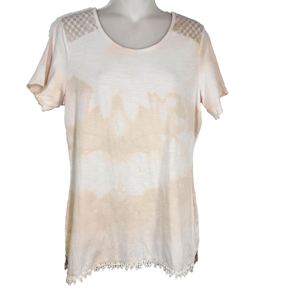 Denim & Co Womens T Shirt XS Peach Tie Dye Short Sleeve Lace Shoulders Pom Pom